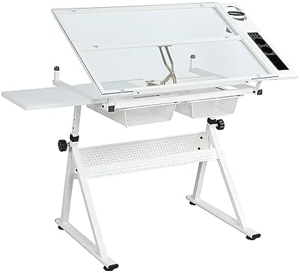 Height Adjustable Drafting Table Desk w/Stool, Tempered Glass Top