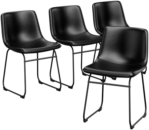 Dining Chairs Set of 4, 18in PU Leather Kitchen Chair with Metal Leg, Black