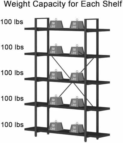 HSH 5 Tier Black Bookshelf, Modern Tall Bookcase with Storage for Office