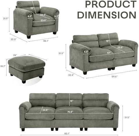 HAOMARKETS Corduroy Sofa Set, Upholstered Armchair and Loveseat with Plush Cu...