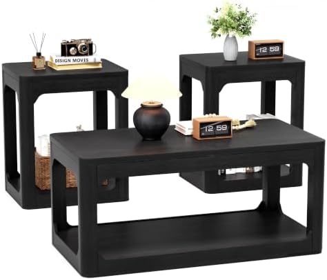 3-Piece Coffee Table Set with 2 Side Tables, Black | Two-tier storage design,...