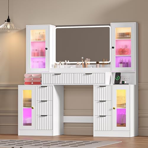 Fluted Makeup Vanity Desk with Mirror and Lights, 55" Glass Top Vanity w...