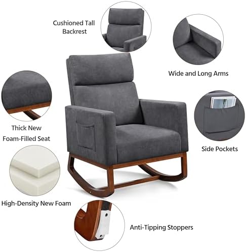 Yaheetech 28in Wide Padded High Back Glider Rocking Chair, Gray Polyester | H...