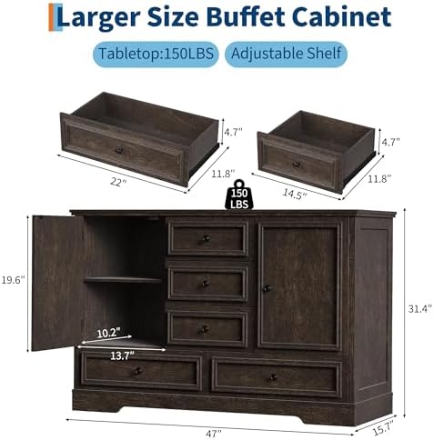 GarveeHome 47” Farmhouse Sideboard Buffet Cabinet,5 Drawers,2 Doors,Brown01