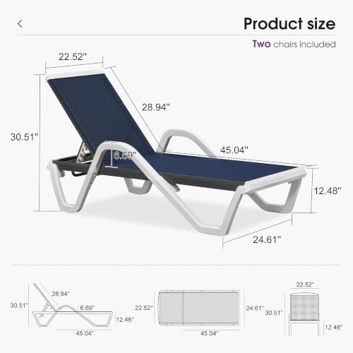 PURPLE LEAF Lounge Chair Outdoor Set of 2 w/Armrest for Poolside Navy Blue | ...