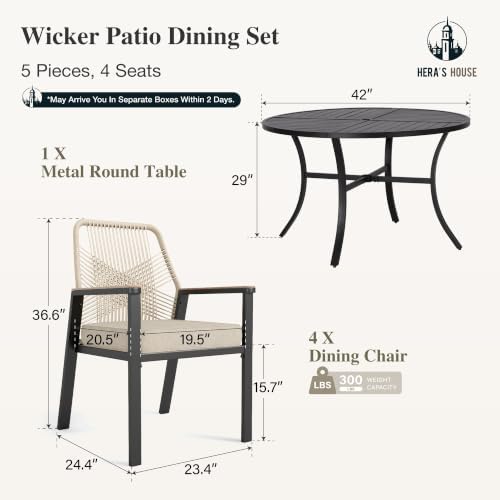 HERA'S HOUSE 5pc Patio Dining Set, 42" Round Table & 4 Rattan Ch...