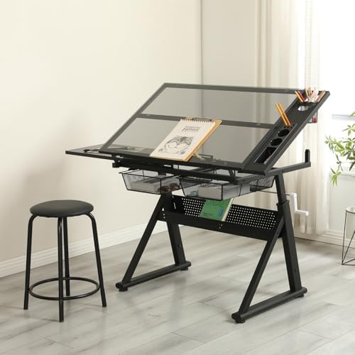 Drafting Desk w/Stool & Storage, Glass Art Table for Artists,Black