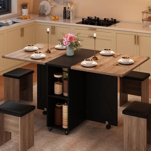 5 PCS Farmhouse Dining Table Set for 4,60" Large Folding Dining Table Se...