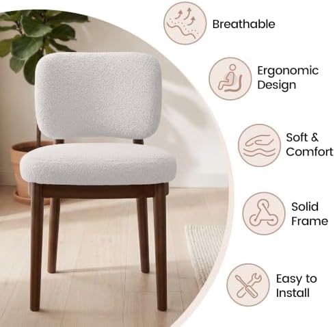 Wooden Dining Chairs Set of 2, Boucle Upholstered Kitchen Chairs with Solid W...