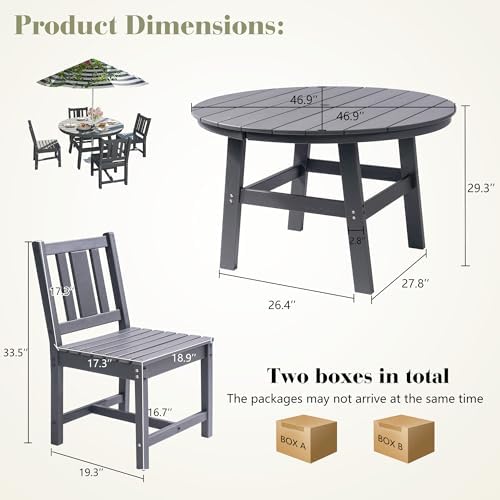 AMERLIFE Outdoor Dining Set for 4, HDPE Round Table and Chairs, Gray