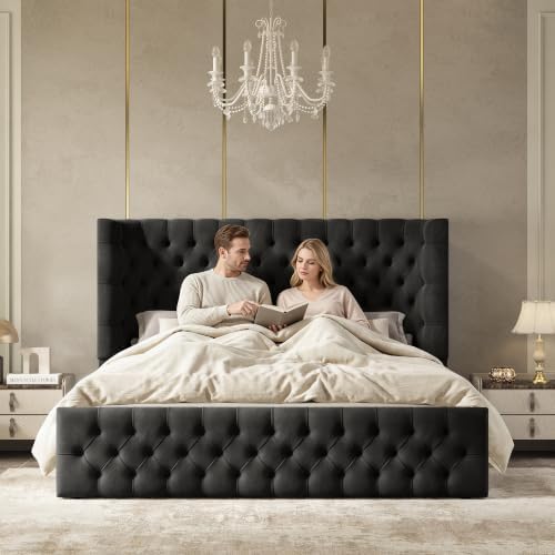 Jocisland King Bed Frame Upholstered Wingback Headboard & Footboard,Black
