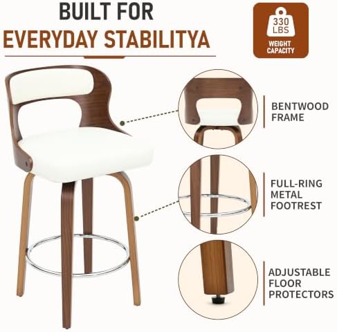 ClinQ 26" Counter Height Barstool Set of 2，Bentwood Leg and Back，White |...