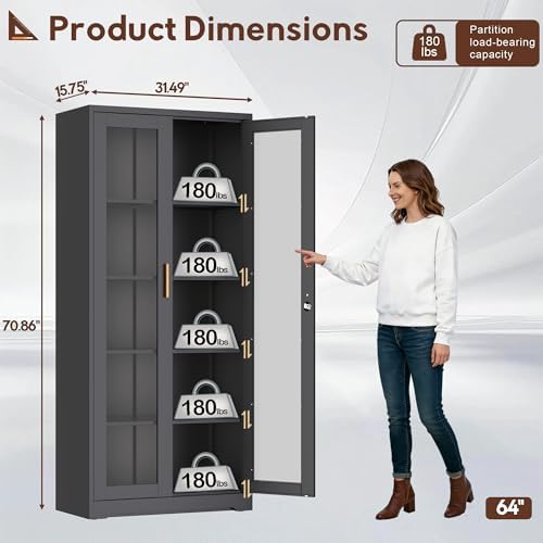 UNICOLY Lockable Display Cabinet with Glass Doors and 4 Adjustable Shelves