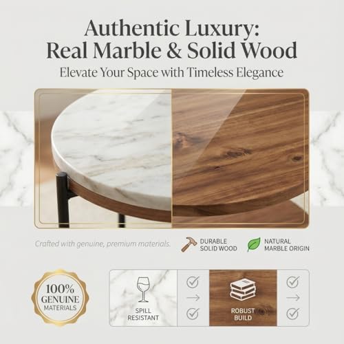 Lyra Round Marble End Table – Solid Acacia Wood Shelf, Open Storage Side Tabl...