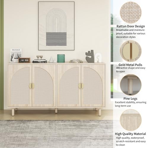 Sideboard Buffet Cabinet with Storage - Rattan 4 Door Cabinet, Accent Storage...