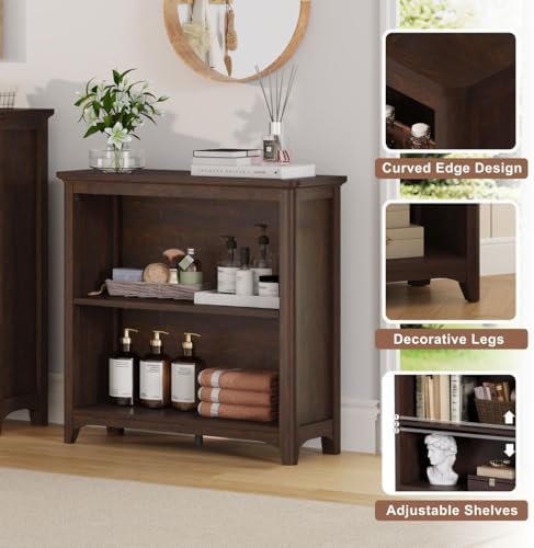 BON AUGURE Wooden Bookshelf, 2-Tier Curved Edge Bookcase, Brown Cherry