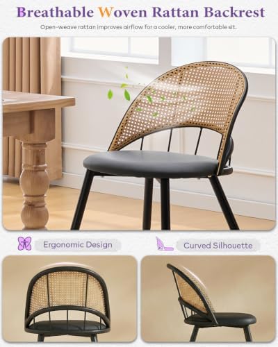 Black Rattan Dining Chairs Set of 4, Dining Room Chairs for Kitchen