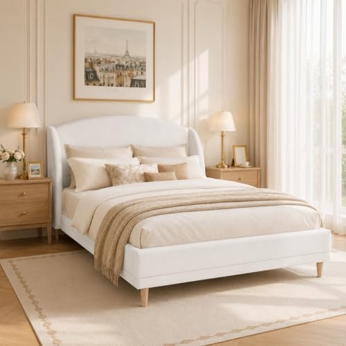 Merax Queen Size Soft Boucle Upholstered Platform Bed, Luxury Wingback Headbo...