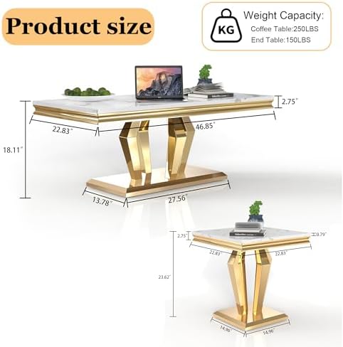 Living Room Coffee Table Set of 3, Modern Marble Coffee Table and 2 End Side ...