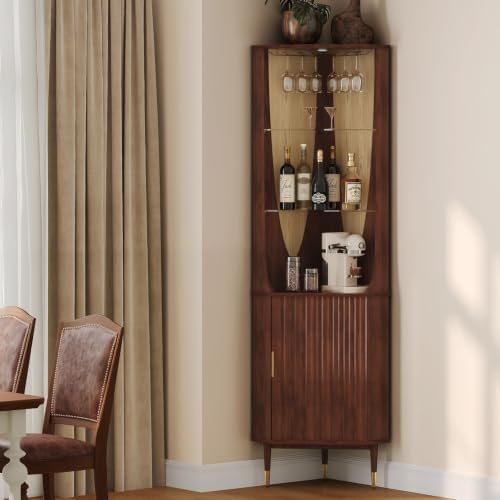 JOINICE Tall Corner Bar Cabinet for Liquor,Mid-Century Modern,Walnut,70"