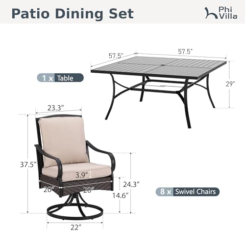 PHI VILLA 9pc Outdoor Dining Set, 57" Square Table, Swivel Wicker Chairs