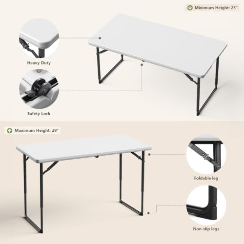 4FT Adjustable Height Folding Table and Chairs Set for 4, Heavy Duty Plastic ...