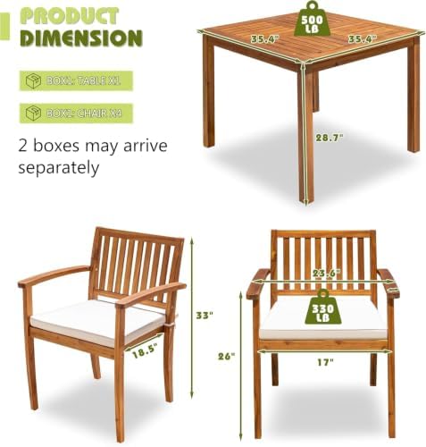 Flamaker 5 Pieces Outdoor Dining Set Acacia Wood Outdoor Table and Chairs