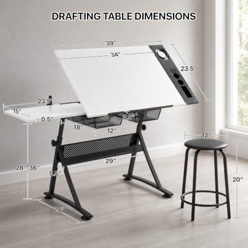 Athena Collection Wooden Drafting Table W/Stool, Tilting Art Desk, White