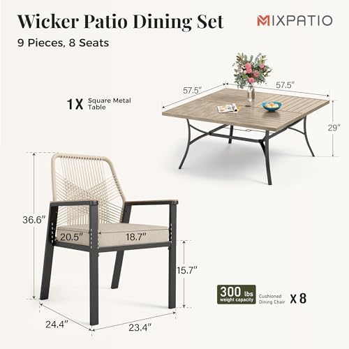 MIXPATIO 9pc Patio Dining Set, 57.5" Square Metal Table, 8 Rattan Chairs