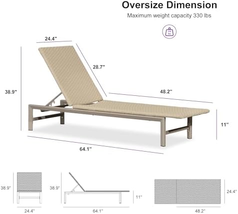 PURPLE LEAF Outdoor Chaise Lounge Chair Wood Grain Aluminum, Beige | 3-Year C...