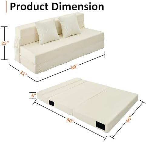 JKMAX Queen Size Folding Sofa Bed - 4 in 1 Convertible Sleeper Chair with Two...