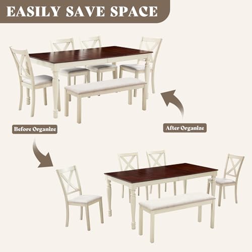 LUXOAK 6 Piece Solid Wood Dining Table Set with 71" Farmhouse Table