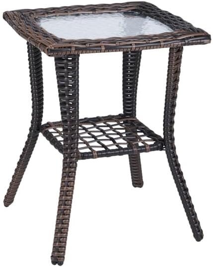 Outdoor Wicker Side Table, Rattan End with Glass Top, Patio Coffee Bistro for...