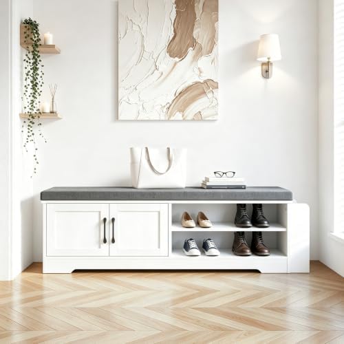 Farmhouse Shoe Storage Bench with 3-in-1 Entryway Storage & Padded Seat |...