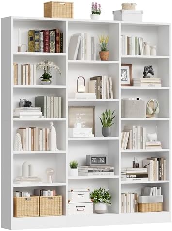 ELYKEN Triple Wide Bookshelf, Large 6 Tier Bookcase with 17 Shelves, White