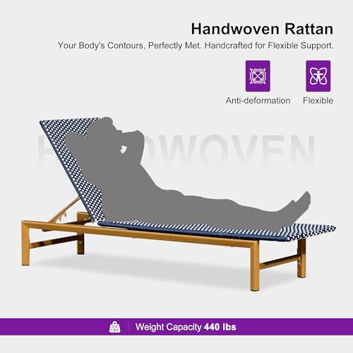 PURPLE LEAF 1 Piece French Patio Chaise Lounge Rattan Teak Frame, Navy | All-...