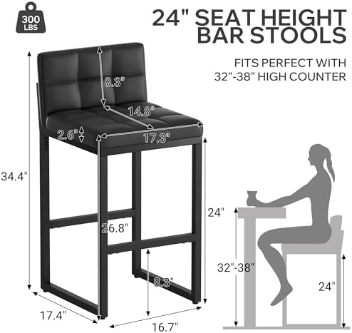 Bar Stools Set of 2, Modern Counter Height Bar Stools, Black | 24" Faux ...