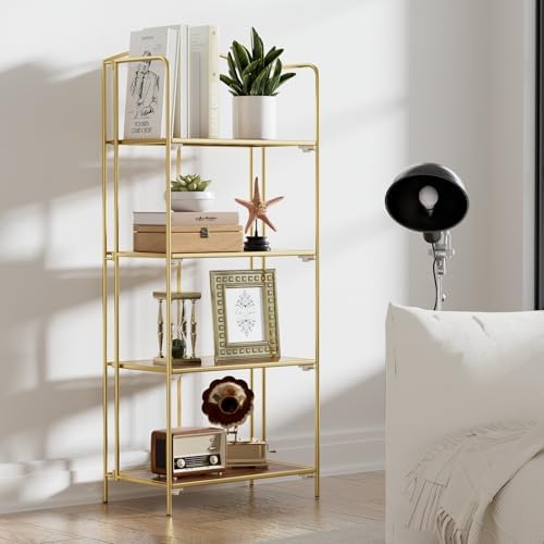 Crofy 4-Tier Foldable Bookshelf, Gold Frame & Walnut Shelves