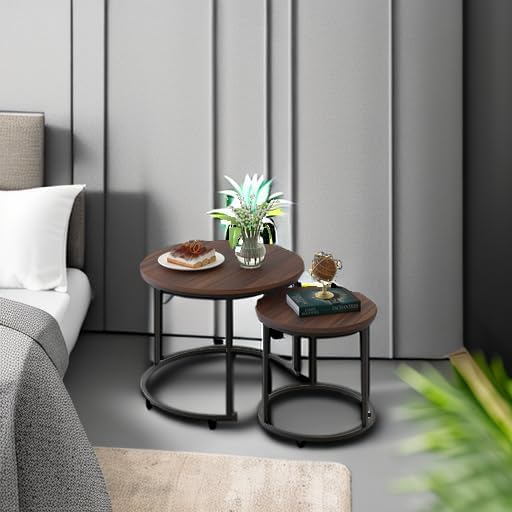aboxoo Coffee Table Nesting Side Round Set of 2 End Table Top Sturdy Metal Fr...