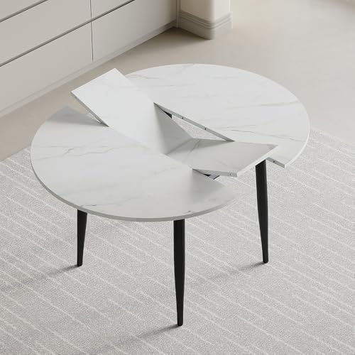 42"-54" Round to Oval Extendable Dining Room Table, White Faux Marb...