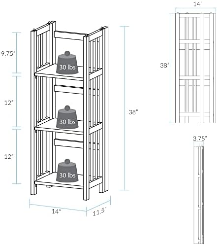 Casual Home Narrow 3-Shelf Folding Bookcase, 14" Wide, Walnut