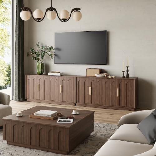 FORTUNETEC 67" Sideboard Buffet Cabinet with Storage, Arched Doors, Walnut