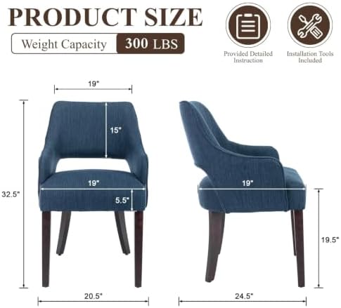 Blue Linen Upholstered Dining Room Chairs Set of 2 with Arms