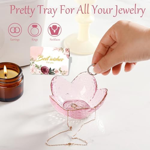 Gifts for Women Pink Flower Ring Dish Glass Jewelry Dish Jewelry Tray Cute Vanity Organizer Room Decor Aesthetic Nightstand Bathroom Decor Trinket Dish Ring Holder Dish Jewellery Tray Valentine's Gift