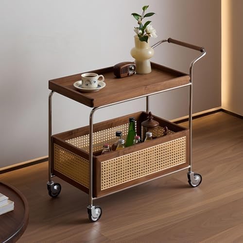 Brown Wood Rolling Side Table - 2-Tier Multi-Functional Utility Cart with Rat...