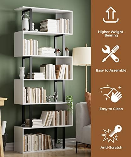 Gadroad 6-Tier Tall Bookshelf, S-Shaped Book Shelf Unit, White