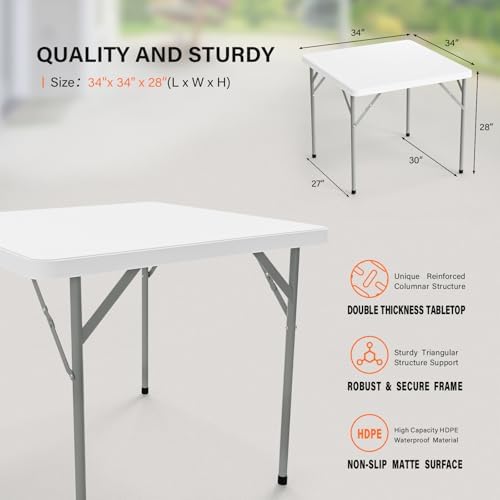 VINGLI White Card Square Table, 34 inch Foldable Legs Full Table Top, Easy to...