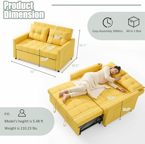 GOSUHI 52" 3-in-1 Convertible Sleeper Sofa Bed, Linen, Yellow | Pull-Out...