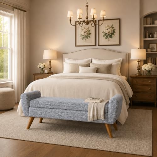HomePop 60" Modern Storage Bench with Wood Legs - Blue Gray Woven Fabric