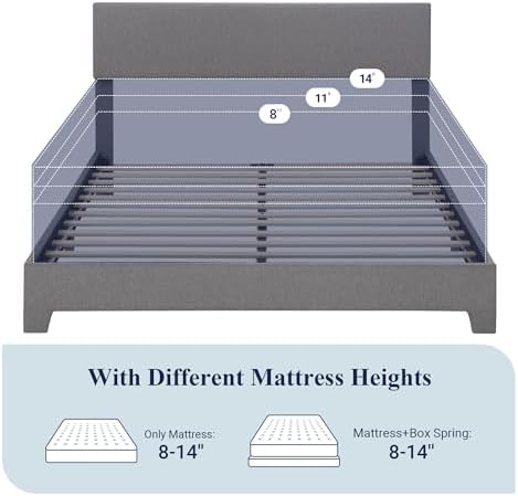 Allewie Queen Size Upholstered Bed Frame Adjustable Headboard, Light Grey